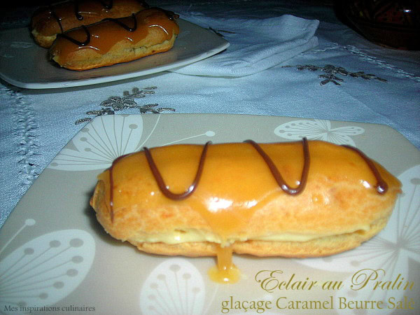 Eclairs au pralin et son glaçage caramel au beurre-salé