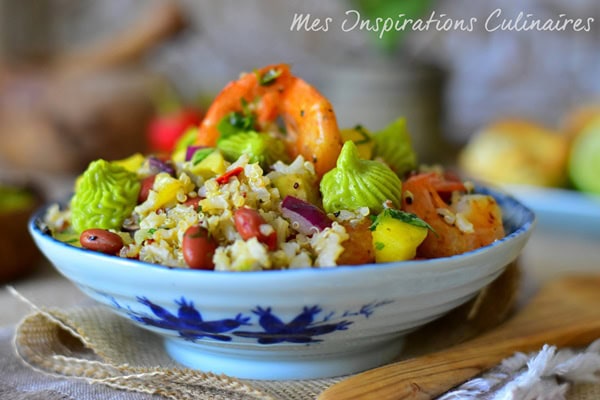 Salade de quinoa crevettes, crème d’avocat