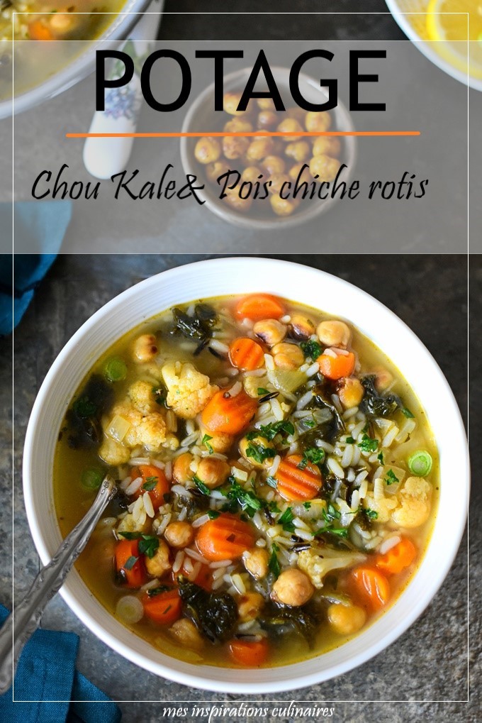 Soupe de chou Kale, carottes et riz sauvage aux pois chiche rôtis