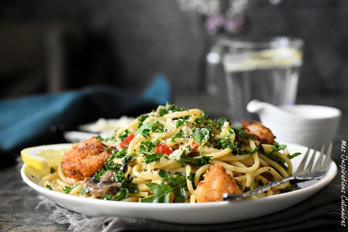 Pâtes aux crevettes, sauce crémeuse à l’ail et citron