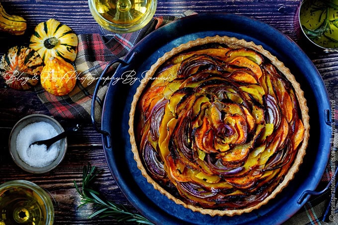 Tarte butternut, patate douce et oignons caramélisés