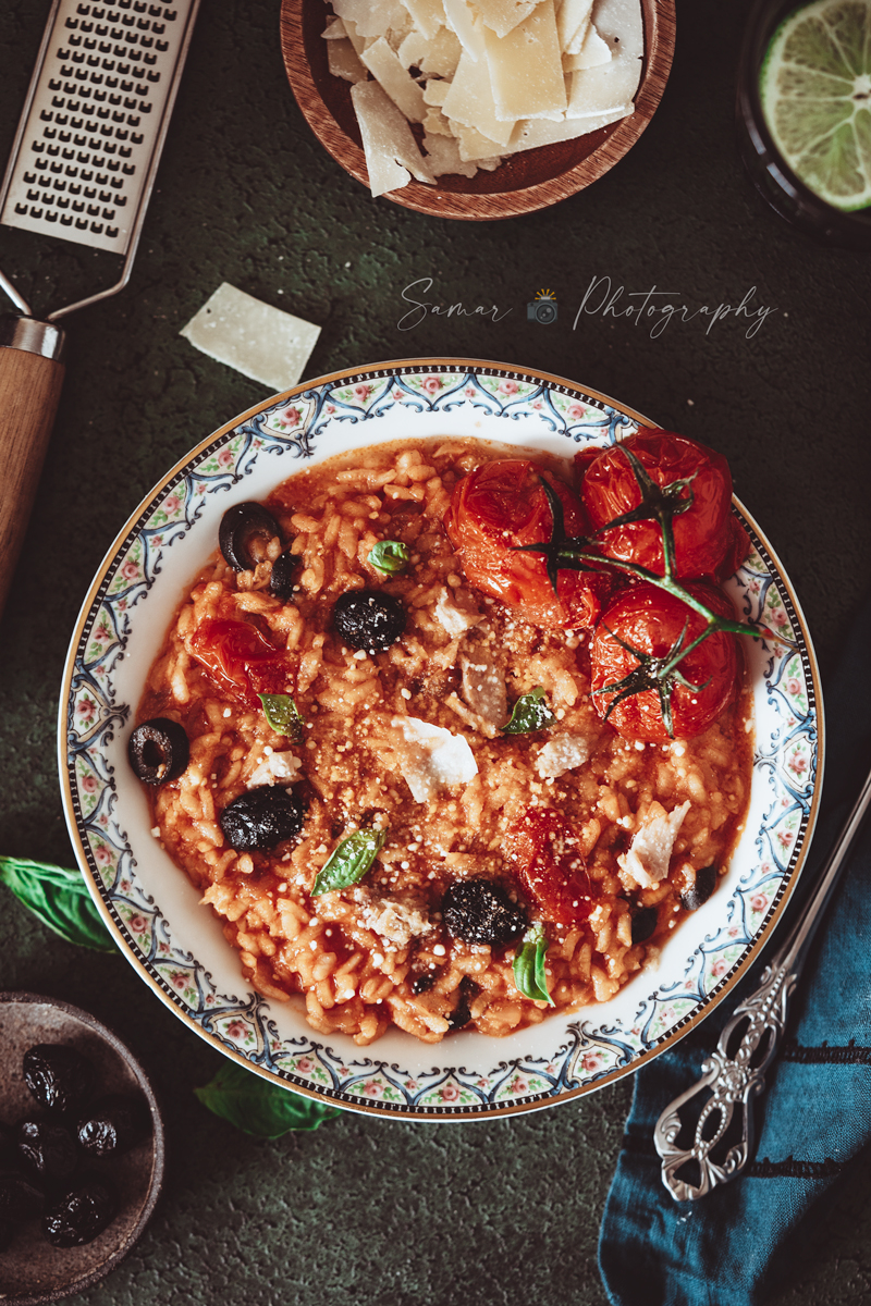risotto tomate olives noir et basilic
