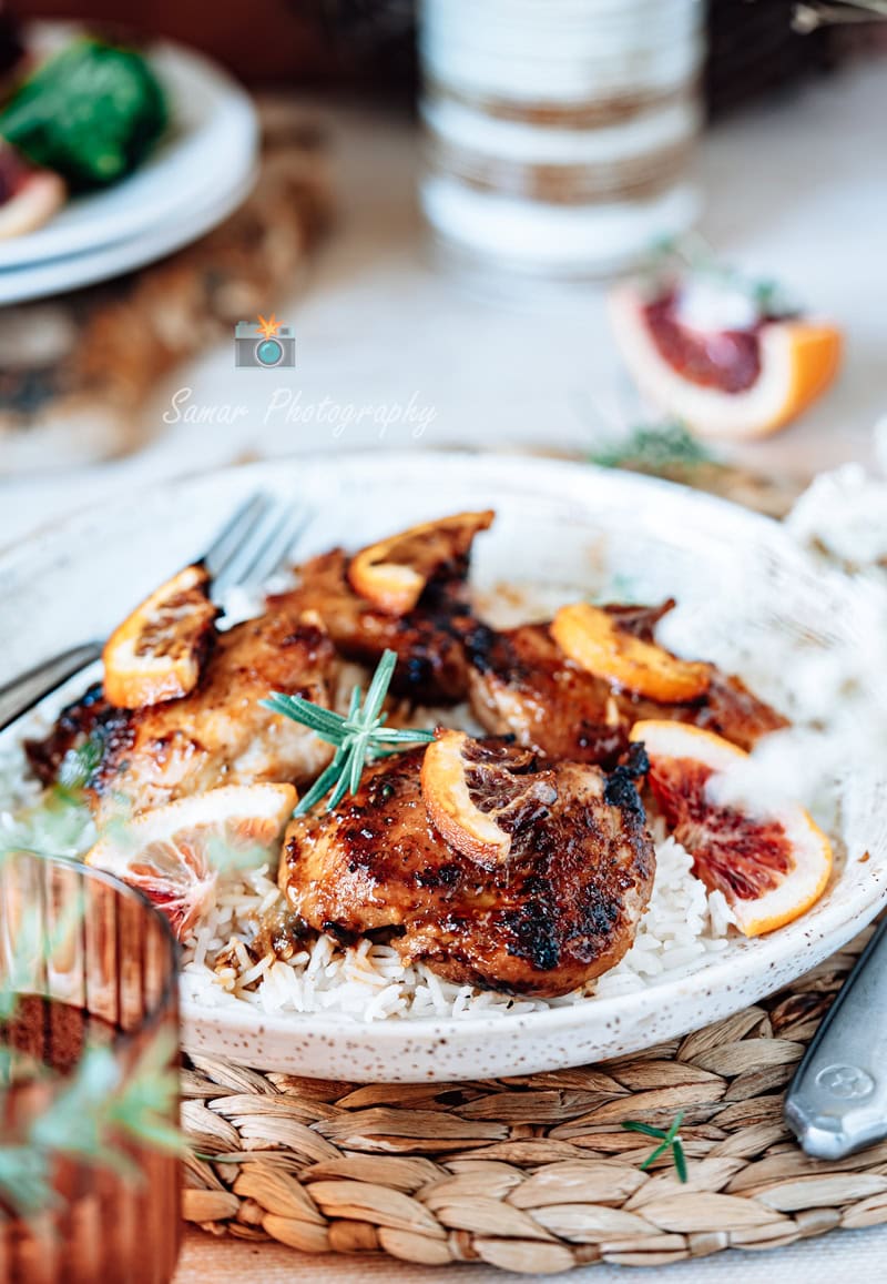 Haut de cuisse de poulet au four, orange sanguine et miel