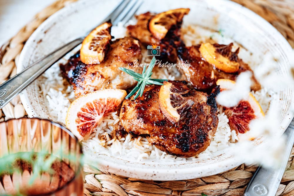 Haut de cuisse de poulet au four, orange sanguine et miel