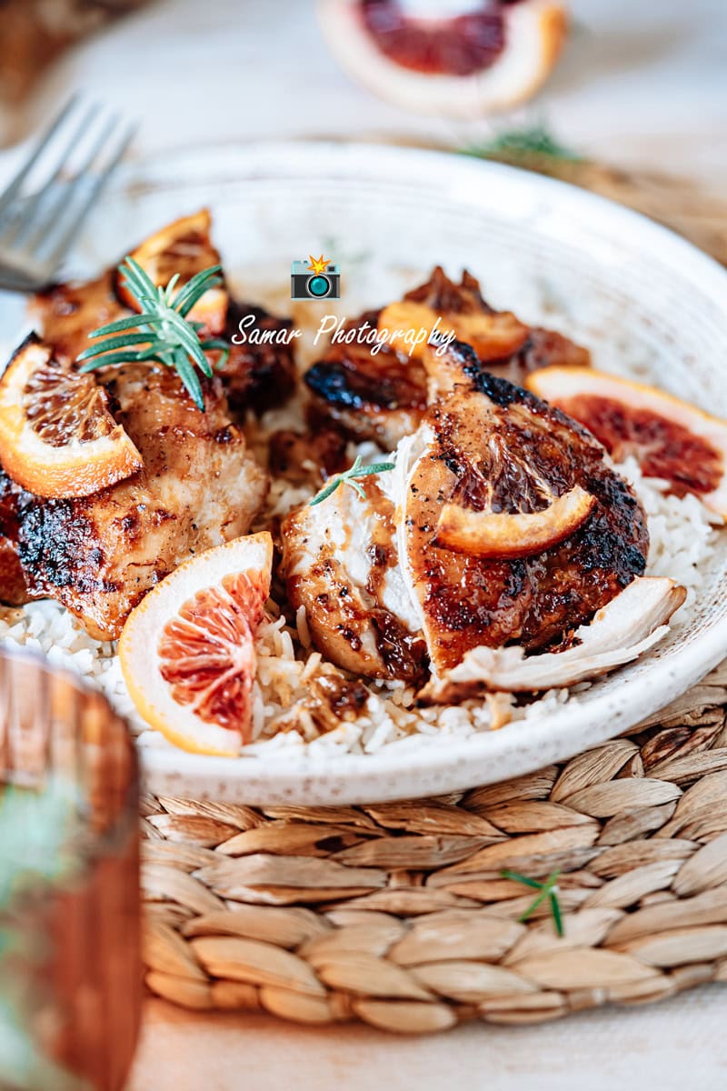 Haut de cuisse de poulet au four, orange sanguine et miel