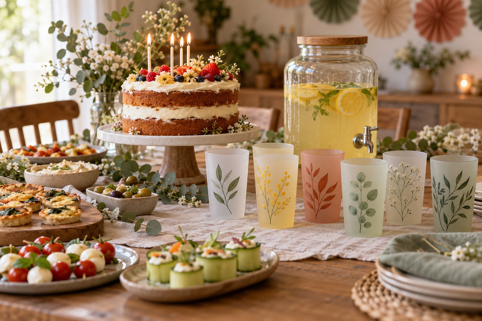 Buffet d’anniversaire maison avec gâteau, bouchées salées et gobelets personnalisés